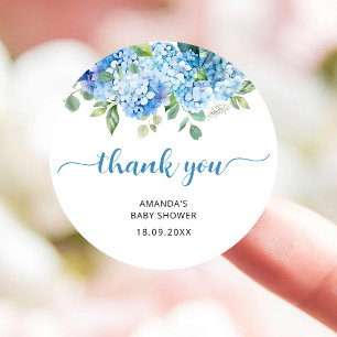 Pegatina Redonda Agradecimiento para Baby Shower de Hortensia Azul