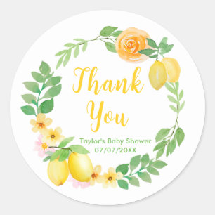 Pegatina Redonda Agradecimiento para Baby Shower de Limones y Verdo