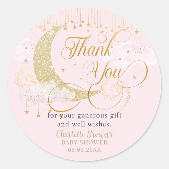 Pegatina Redonda Agradecimiento para Baby Shower de Luna y Estrella (Anverso)