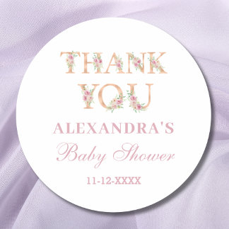 Pegatina Redonda Agradecimiento para Baby Shower de Niña con Flores