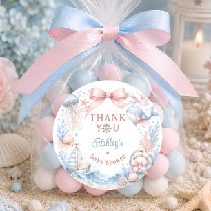 Pegatina Redonda Agradecimiento para Baby Shower de Playa Costera