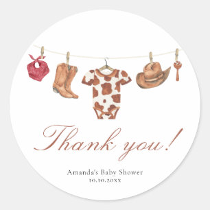 Pegatina Redonda Agradecimiento para Baby Shower de vaquero acuarel