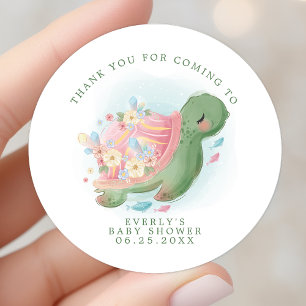 Pegatina Redonda Agradecimiento para Baby Shower Floral de Tortuga