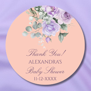 Pegatina Redonda Agradecimiento para Baby Shower Floral Lila Meloco