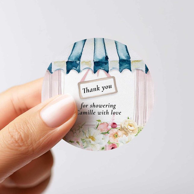 Pegatina Redonda Agradecimiento para Baby Shower Floral Rosa  (Garden Bridal Shower Thank you Sticker)