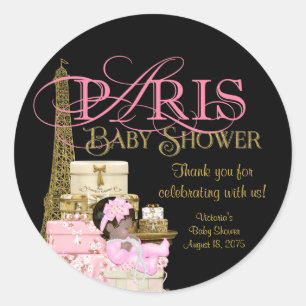 Pegatina Redonda Agradecimiento para Baby Shower Rosa Dorado Negro