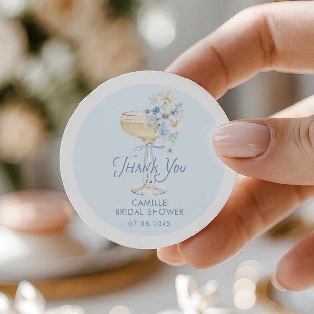 Pegatina Redonda Agradecimiento para Desayuno Nupcial Blue Love in  (Blue Brunch and Bubbly Bridal Shower Round Sticker)
