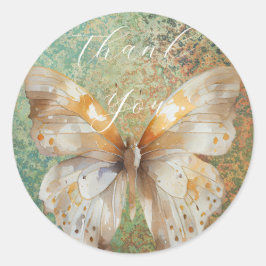 Pegatina Redonda Agradecimiento romántico verde y naranja mariposa