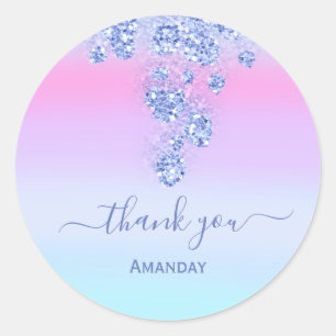 Pegatina Redonda Agradecimiento Rosa Brillante Azul para Boda y Cum