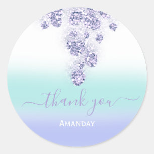 Pegatina Redonda Agradezca Floral Polvo Púrpura Azul Novia Dulce 16