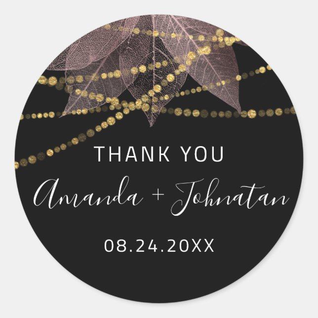 Pegatina Redonda Agradezca Hoja de Oro Rosa Nombre Fecha Oro Negro  (Anverso)