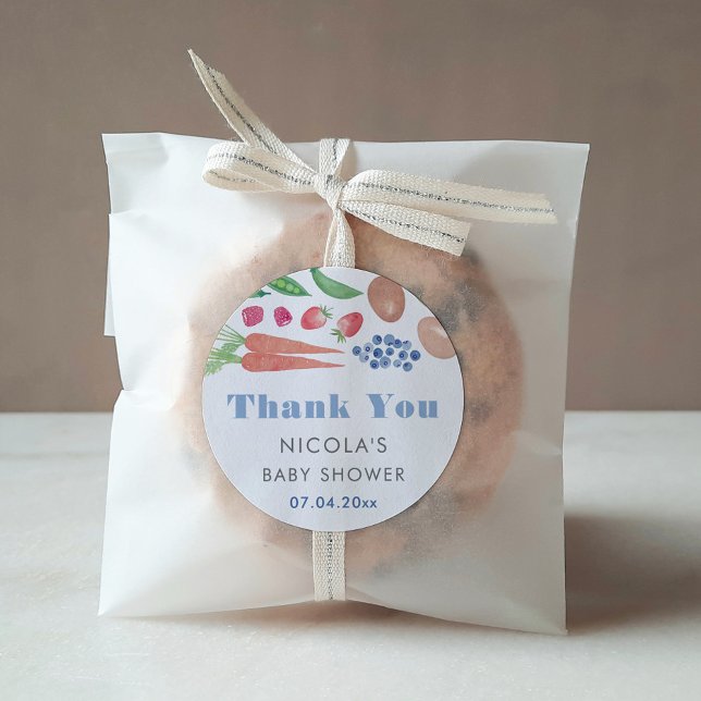 Pegatina Redonda Agricultores de acuarela mercado niño Baby Shower  (Thank you favor sticker for baby boy shower in a farmer's market or locally grown theme)