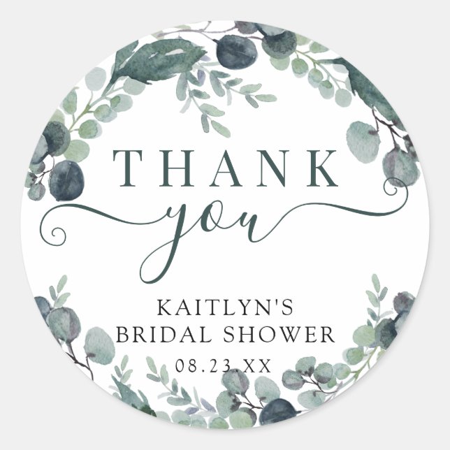 Pegatina Redonda Agua Eucalyptus Bridal Shower Gracias (Anverso)