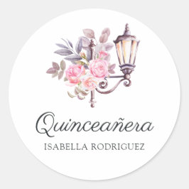 Pegatina Redonda Agua Floral Rosa Acuarela Vintage París Quinceañer