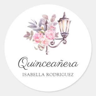 Pegatina Redonda Agua Floral Rosa Acuarela Vintage París Quinceañer