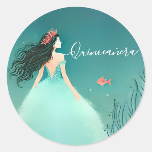 Pegatina Redonda Agua Océano Vida De Pescado Bajo El Mar Quinceaner