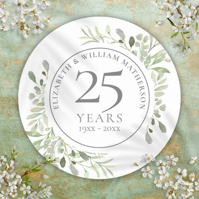 Pegatina Redonda Agua suave deja 25 años (Soft Watercolour Leaves 25th Anniversary Classic Round Sticker)