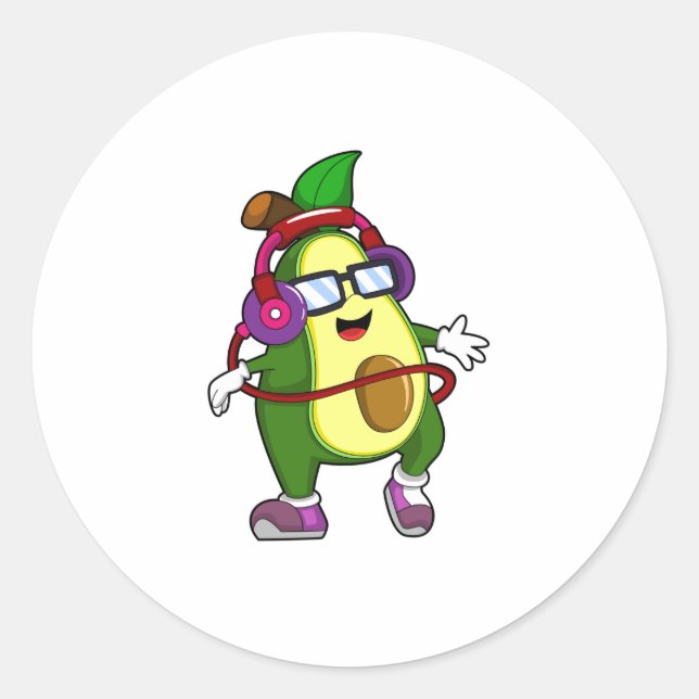 Pegatina Redonda Aguacate en la música con audífono (Anverso)