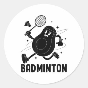 Pegatina Redonda Aguacate jugando bádminton comida vegetariana salu