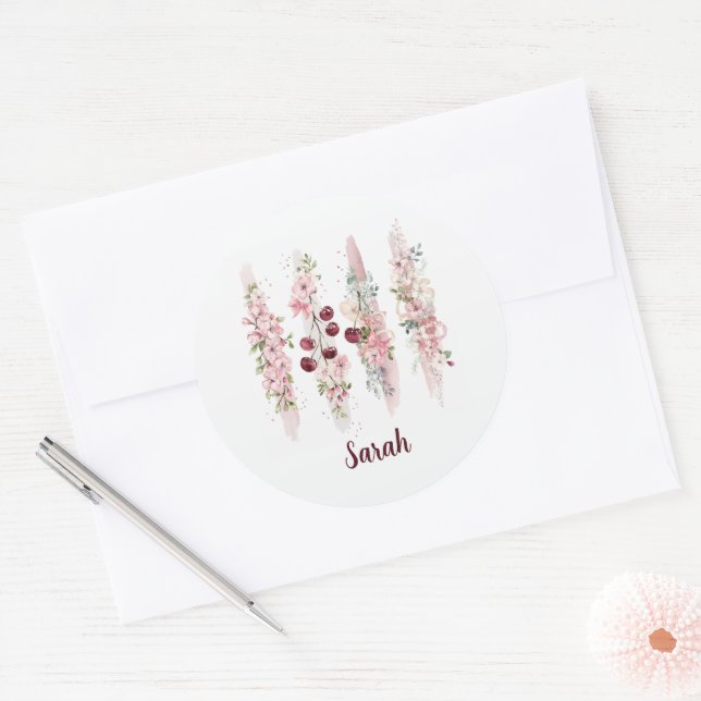 Pegatina Redonda Aguada de Flor de Cerezo, Agregar Nombre (Sobre)