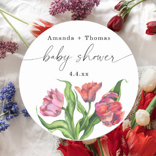 Pegatina Redonda Aguada de flores rojas Baby Shower