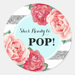 Pegatina Redonda Aguamarina Baby Shower floral rosado de plata