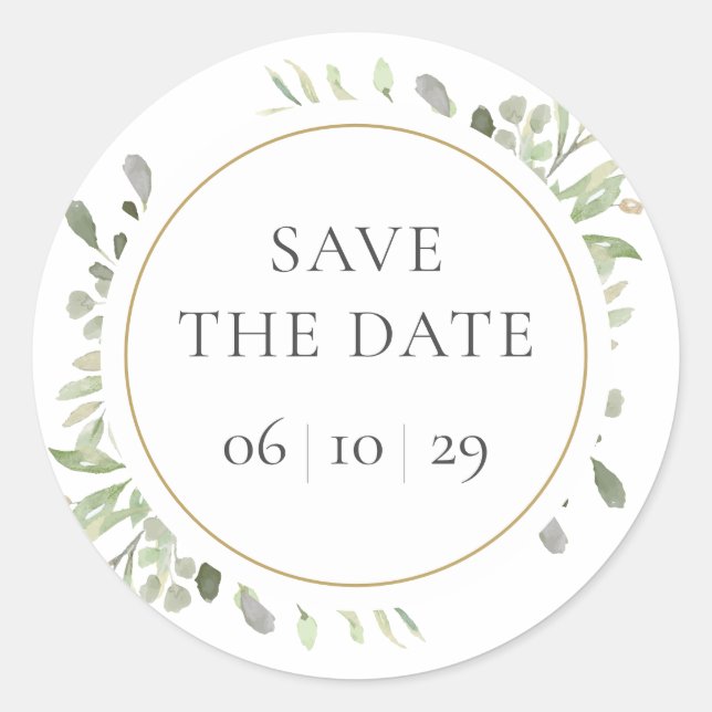 Pegatina Redonda Aguamarina de Acuarela Verde Hoja Save the Date (Anverso)