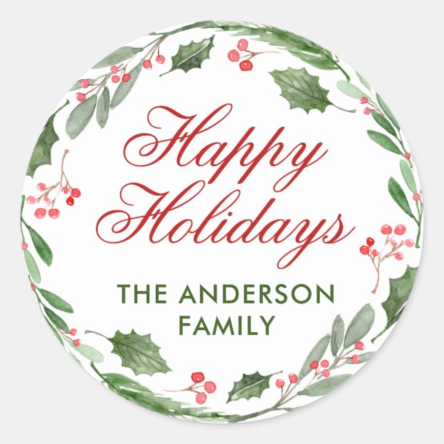 Pegatina Redonda Aguamarina de Navidad con bayas (Anverso)