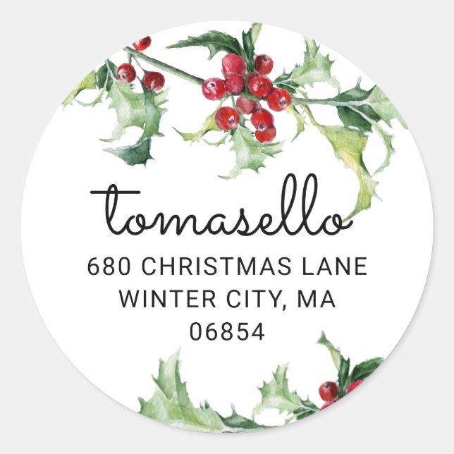 Pegatina Redonda Aguamarina de Navidad con bayas de acebo y direcci (Anverso)
