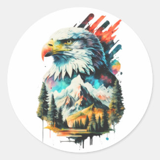 Pegatina Redonda Águila acuática y arte paisajístico de montaña