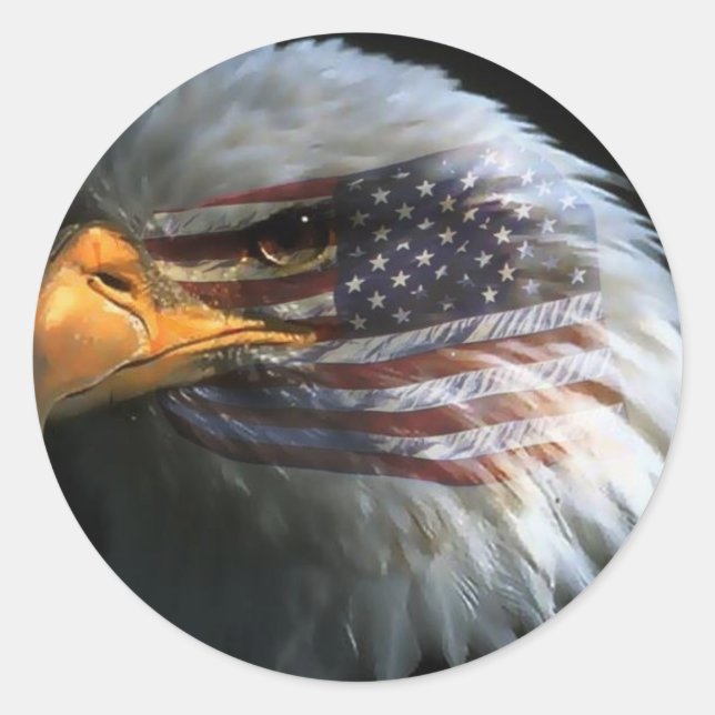 Pegatina Redonda Águila calva americana con pegatinas de la bandera (Anverso)