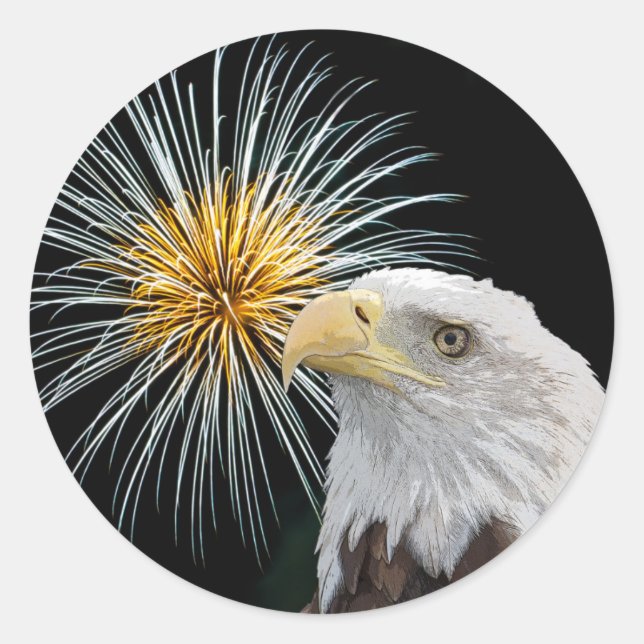 Pegatina Redonda Águila calva y fuegos artificiales (Anverso)