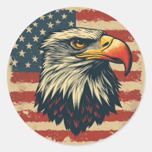 Pegatina Redonda Águila Vintage con Bandera Americana – Arte Retro