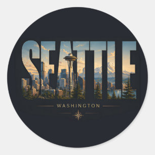 Pegatina Redonda Aguja Espacial de Seattle Washington Montaña Horiz