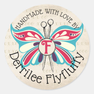 Pegatina Redonda Agujas de punto de mariposa hechas a mano por pega