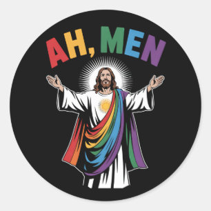 Pegatina Redonda Ah Men Funny Jesús Orgullo Gay LGBTQ Arcoiris