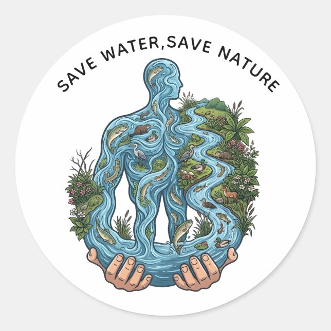 Pegatina Redonda Ahorra Agua Salva la Naturaleza Conciencia Ecológi (Anverso)