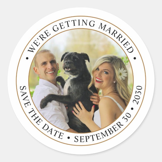 Pegatina Redonda Ahorro de fecha de boda con foto personalizada (Anverso)