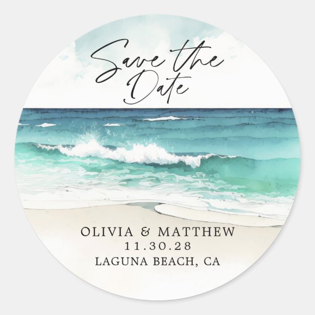 Pegatina Redonda Ahorro de fecha de playa oceánica de acuarela mode (Anverso)