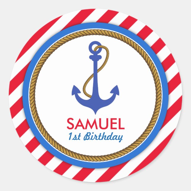 Pegatina Redonda ¡AHOY! Baby Shower Nautical Birthday (Anverso)