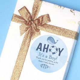 Pegatina Redonda Ahoy es un Baby Shower costero de Boy Ocean Animal