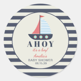 Pegatina Redonda Ahoy es un Baby Shower de Boy Nautical