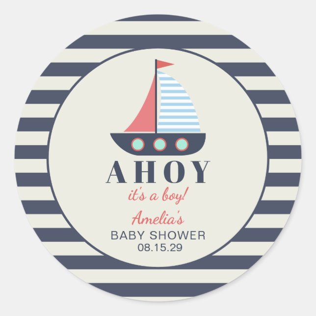 Pegatina Redonda Ahoy es un Baby Shower de Boy Nautical (Anverso)