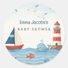 Pegatina Redonda Ahoy es un Baby Shower de Boy Nautical
