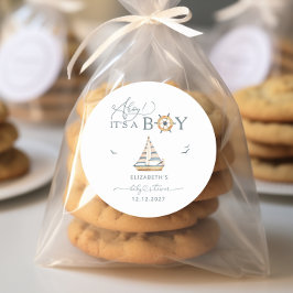 Pegatina Redonda Ahoy es un Baby Shower de Boy Nautical Sailboat