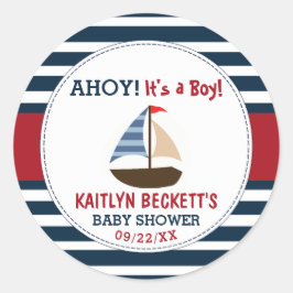 Pegatina Redonda ¡Ahoy es un chico! Baby Shower Nautical Boat