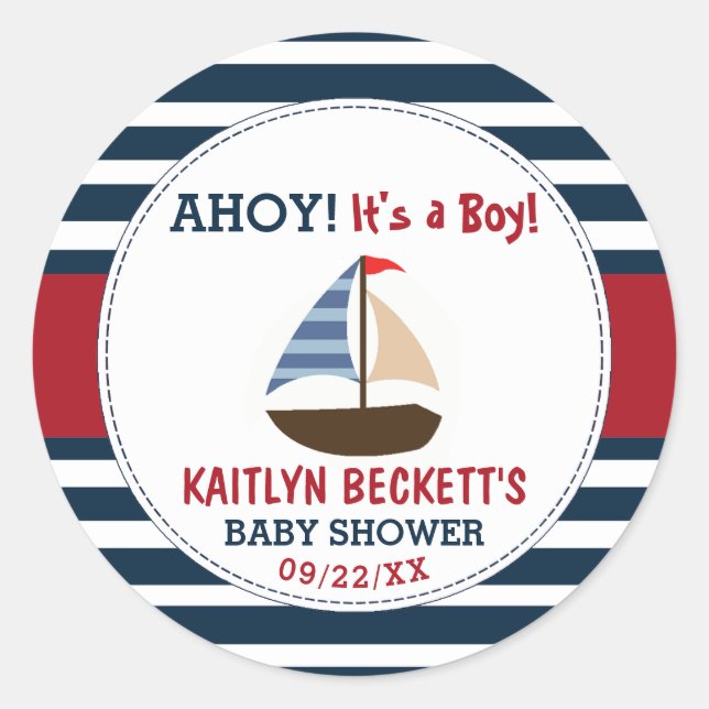 Pegatina Redonda ¡Ahoy es un chico! Baby Shower Nautical Boat (Anverso)