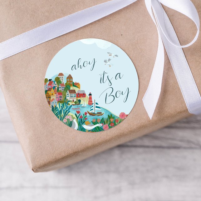 Pegatina Redonda Ahoy es un niño fiesta de ducha de bebé (Ahoy it's a boy baby shower party classic round sticker)