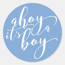 Pegatina Redonda Ahoy es una Invitación de Baby Shower azul