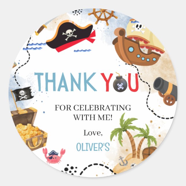Pegatina Redonda Ahoy Matey Pirate Birthday Thank You (Anverso)